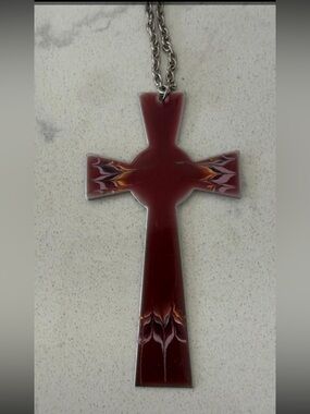 VTG Sheffield England Red Enamel Cross Pendant Necklace — 3¼" x 1¾" — 26" Chain